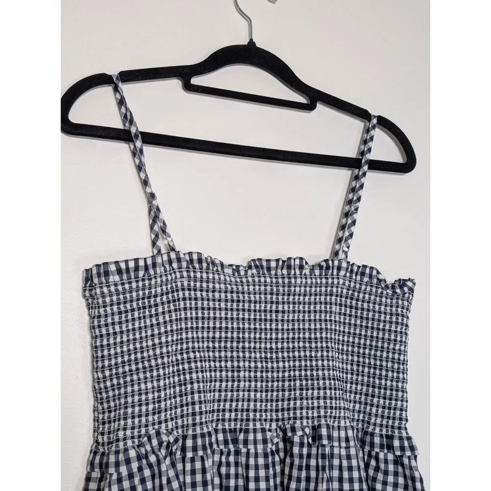 J.Crew Gingham Smocked Cotton Midi Dress M Navy White Cottagecore Summer Picnic